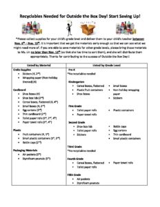 Recyclables Needed for Outside the Box Day (11/15/17)