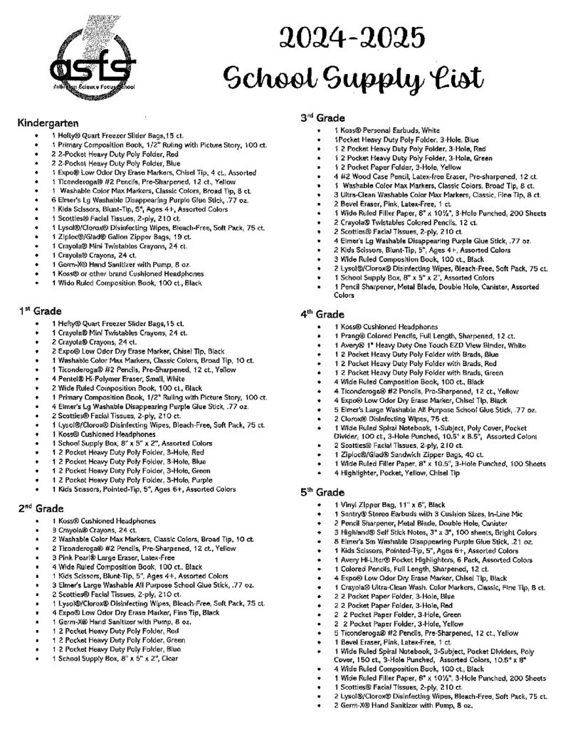 School Supply Lists Arlington Science Focus